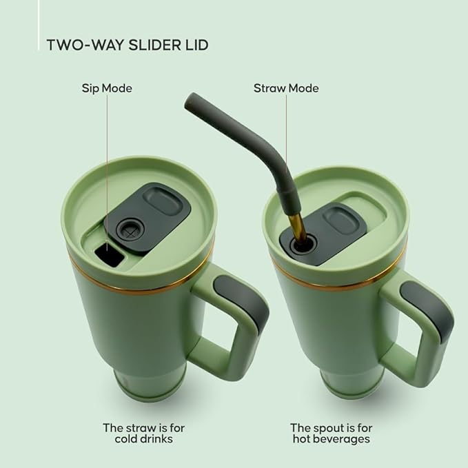 40oz Travel Tumbler Cup with Handle, Two-Way Slider Lid, Stainless Steel Straw with Silicone Tip, Vacuum Insulated Water Bottle for Hot & Cold Drinks, Great Gifts for Mom (Green Gold)