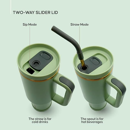 40oz Travel Tumbler Cup with Handle, Two-Way Slider Lid, Stainless Steel Straw with Silicone Tip, Vacuum Insulated Water Bottle for Hot & Cold Drinks, Great Gifts for Mom (Green Gold)