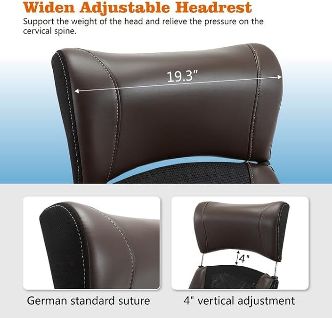 Clearance Executive Office Chair, Ergonomic Leather Desk Chair - Widened Adjustable Headrest with Flip-Up Arms, High Back Computer Swivel Task Chair with Lumbar Support, Brown