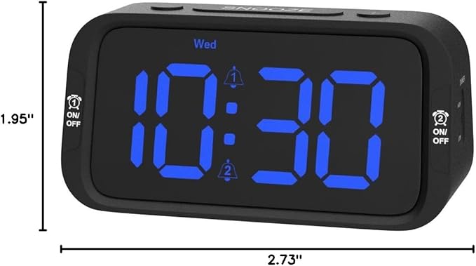 Digital Dual Alarm Clock for Bedroom, Easy to Set, 0-100% Dimmer, USB Charger, 5 Sounds Adjustable Volume, Weekday/Weekend Mode, Snooze, 12/24Hr, Battery Backup, Compact for Bedside(Blue)