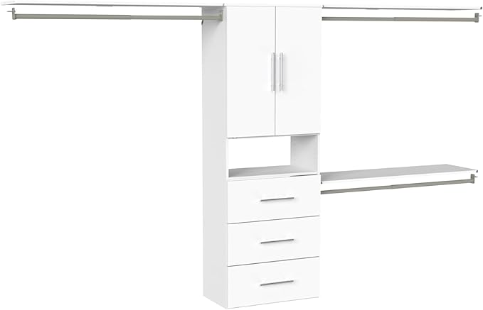 ClosetMaid SuiteSymphony Modern Hanging Closet Kit Includes (1) Tower, (3) Closet Rods, (4) Shelves, (3) Top Shelves w/Brackets, (3) Drawers, and (1) Closet Door Set, White