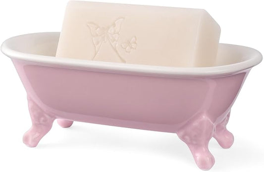 6.5" Ceramic Mini Decorative Clawfoot Bathtub Bar Soap Dish, Kitchen Sponge Holder and Shower Tray for Bathroom, 1 Pack (Pink)