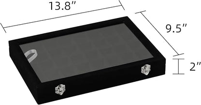 Frebeauty 40 Grid Jewelry Tray,Adjustable Earring Holder Organizer with Glass Lid,Velvet Drawer Jewelry Organizer for Rings,Studs,13.8 x 9.5 x 2 Inches Jewelry Display Box,Gift for Women(Black)