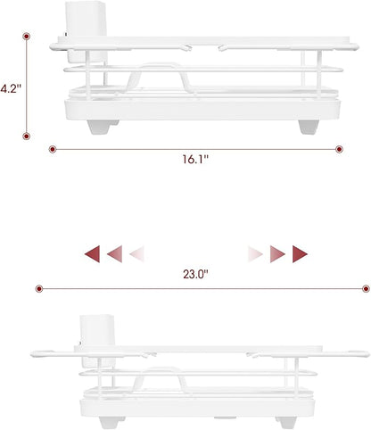 Extendable Dish Drying Rack Over Sink with Dish Drainer, Sink Organization and Storage Essentials with Silverware & Utensil Holder, Home and Apartment Decor, 12" W x 16.1~23" L, White