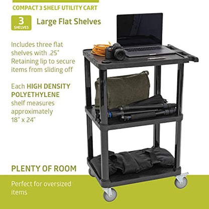 Pearington 3-Tier Compact Multi-Purpose Plastic Utility Cart with Lockable Wheels up to 300LBS, Black