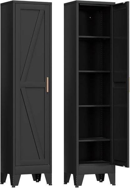 COFaR 67'' Tall Narrow Bathroom Storage Cabinet, Metal Farmhouse Skinny Pantry Cabinet with 4 Adjustable Shelves and One Door, Slim Cabinet Storage for Kitchen Garage, 5-Tier Black