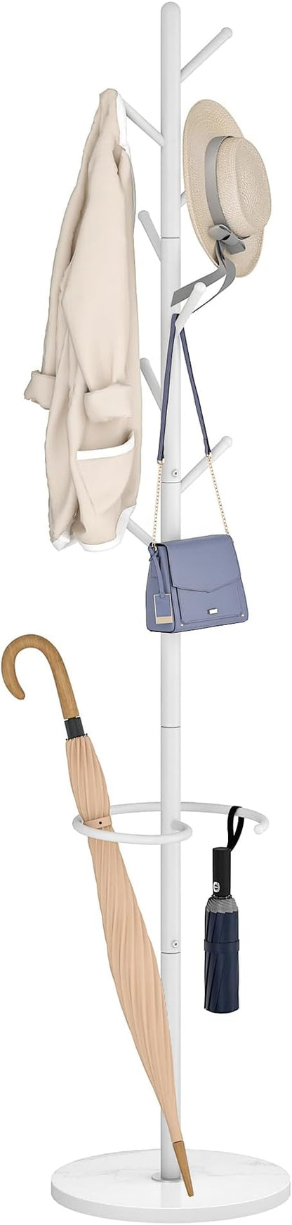 CHOEZON Coat Rack Freestanding, Coat Rack with Umbrella Holder, Coat Hanger Stand with 8 Hooks, Coat Tree with Marble Base, 3 Adjustable Size, for Entryway, Living Room, Bedroom Marble White TYM09WD