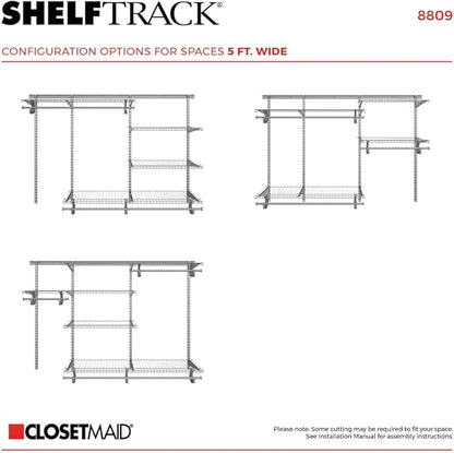 ClosetMaid ShelfTrack Wire Closet Organizer System, Adjustable from 5 to 8 Ft., With Shelves, Clothes Rods, Hardware, Durable Steel, Satin Chrome