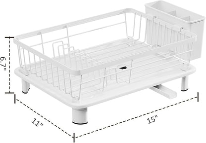 Small Dish Drying Rack, Space Saving Dish Racks for Kitchen Counter, Kitchen Organizer Dish Drainer with Cutlery Holder for Spoons and Forks, 11''W x 15''L, White