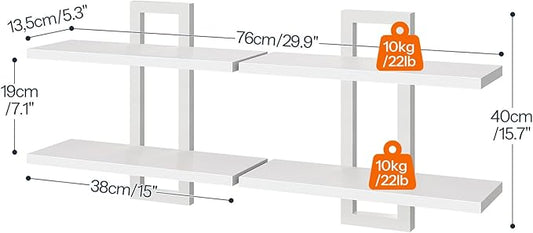 HOOBRO Floating Shelves, 15 Inch Wall Shelf Set of 2, Wall Mounted Storage Shelves 2-Tier, Hanging Bathroom Shelves, for Living Room, Bedroom, Bathroom, Kitchen, White WW32BJ01
