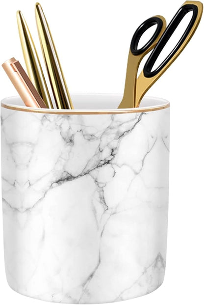 WAVEYU Pen Holder for Desk Cute, Modern Marble Desk Organizer, Durable Ceramic Pencil Cup, Makeup Brush Holder Cup, Multifunctional Office Stationery Holder for Women, Men, White Marble
