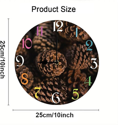 Pinecone Wall Clock 10 Inch Wooden Battery Operated Autumn Forest Maple Leaves Wall Clocks Decorative Indoor,Decorative for Kitchen Bathroom Bedroom
