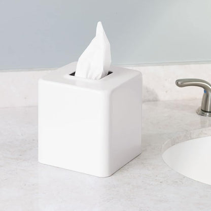 mDesign Steel Square Tissue Box Cover, Modern Facial Paper Holder for Bathroom Vanity Countertop, Bedroom Dresser, Night Stand, Desk, Office and End Table - Unity Collection - White