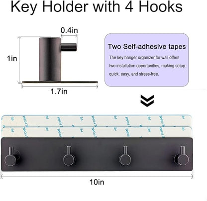 StrugDeas Key Holder for Wall with 2 Self-Adhesive Tapes， Key Hanger Organizer for Wall with 4 Hooks，Metal Key Rack for Door, Entryway, Kitchen Bathroom(Black)