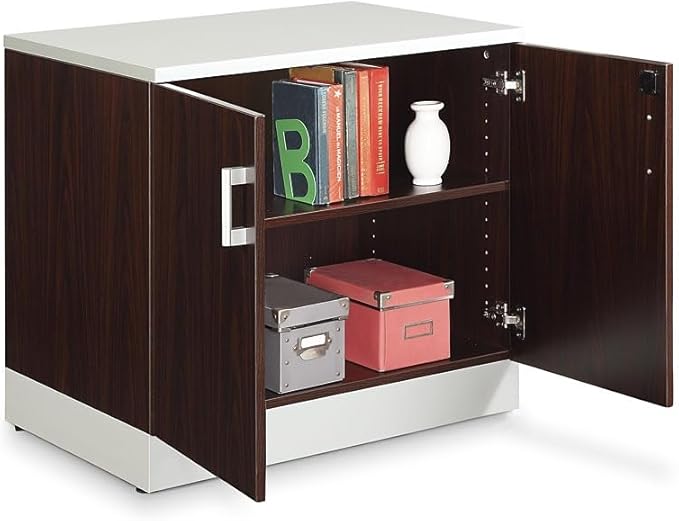 NBF 29.4" H Two Door Storage Cabinet - Walnut Laminate, Modern Office Cabinet with Lockable Doors, 2 Adjustable Shelves, 29.5" H x 31.5" W x 22" D
