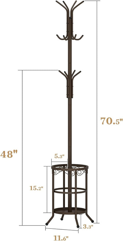 Coat Rack Freestanding With Umbrella Holder – Metal Hall Tree with 12 Hooks, Entryway Organizer for Hats, Bags, and Clothes (Brown)