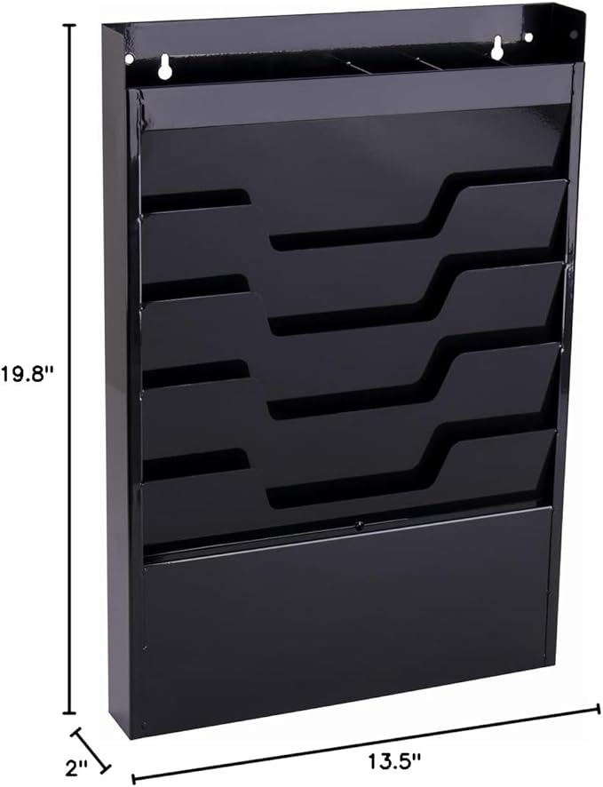Displays2go Office Wall Rack for File Folder or Magazine, 4 Tier, Top Organizer (Black Powder Coated Steel)