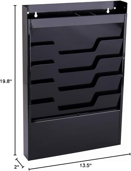 Displays2go Office Wall Rack for File Folder or Magazine, 4 Tier, Top Organizer (Black Powder Coated Steel)