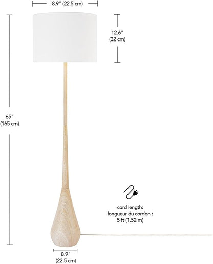 Globe Electric 65" Floor Lamp, Wood-Toned Finish, White Cotton Shade, Japandi Style, E26 Base, On/Off Rotary Switch, 5-Ft Cord, 52112