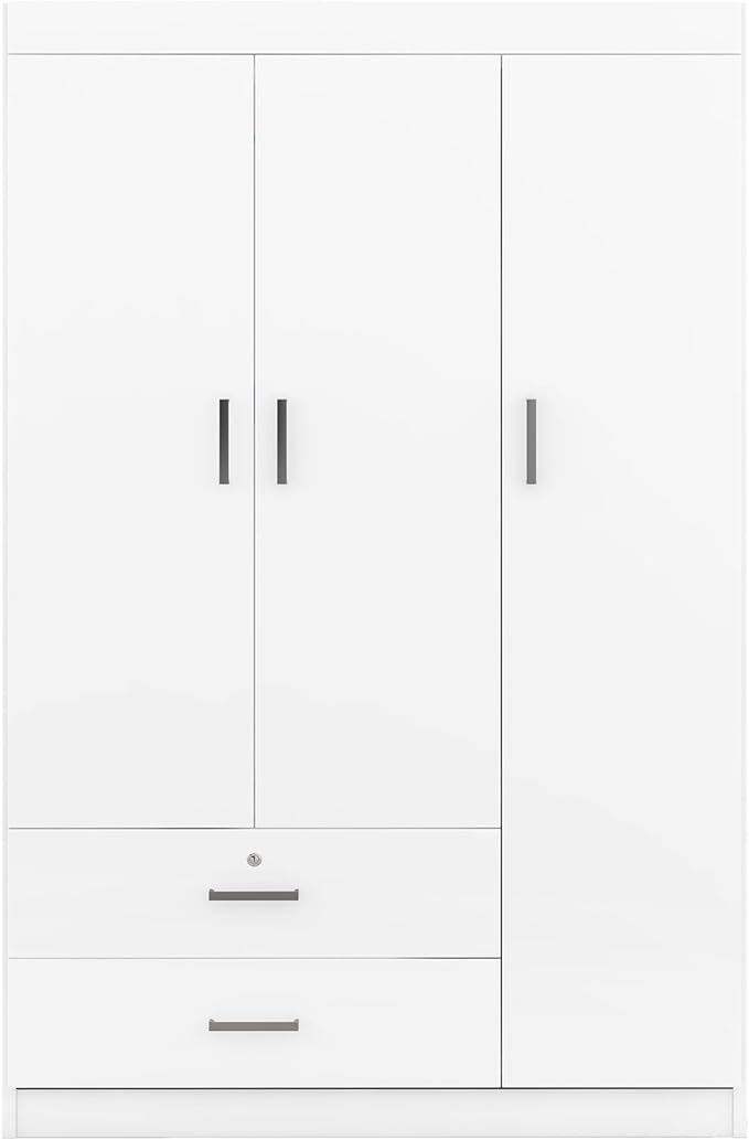 3 Door Wardrobe Cabinet Closet with Storage Drawers, Shelves and Hanging Rail for Clothes, Bedroom Organizer