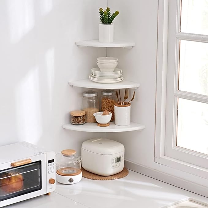 Conamily Corner Shelf, White Solid Oak Wood Floating Corner Shelves Wall Mount Round End Floating Speaker Rack Display Shelf for Small Plant Photo Frame (White, 12in)