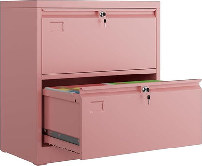 30.24" H Lateral File Cabinet 2 Drawer,Metal Wide Filing Cabinet with 2 Locks and Business Card Slot for Home Office School Hanging Letter/Legal/F4/A4 Size Folders,Required Assembly,Pink