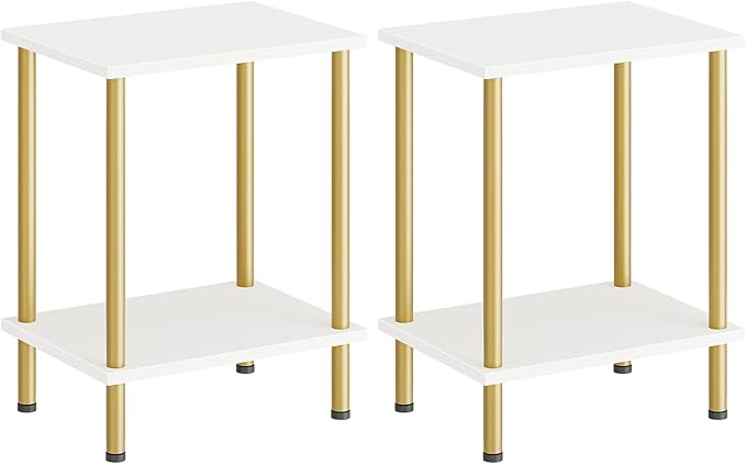 HOOBRO End Tables Set of 2, Small Side Table, Nightstand with 2-Layer Storage Shelves, Sofa Table for Small Spaces, Living Room, Bedroom, Stable Frame, Easy Assembly, White and Gold DW09BZP201