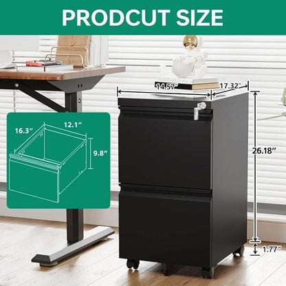 Letaya 2 Drawer Mobile File Cabinet with Lock, Under Desk Metal Rolling Filing Cabinets for Home Office Organizer Letters/Legal/A4 (Black- Requires Installation)