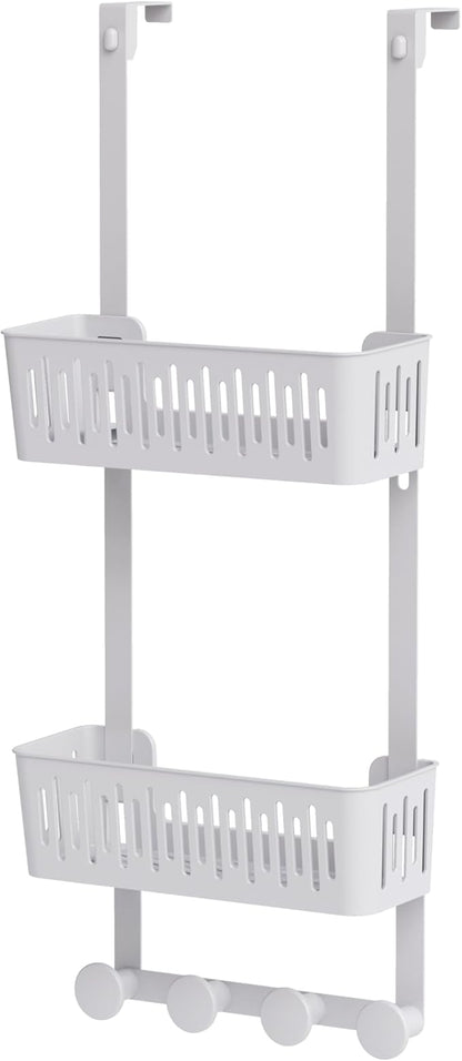 Zenna Home SnugFit Over the Door Caddy Organizer with 2 Storage Baskets and 4 Hooks, Over Door Hanging Organizer for Bathroom, Kitchen, Bedroom, Closet, Easy to Install, No Drilling, White