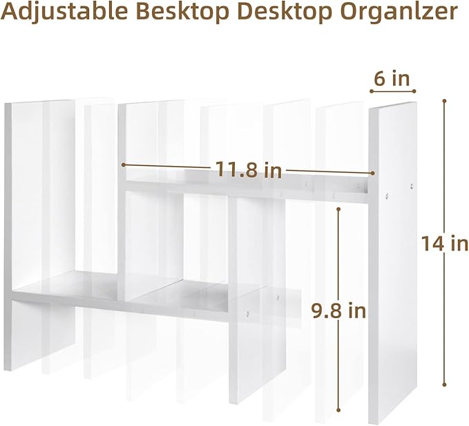 TY ARTS & CULTURE - Expandable Wood Desktop Storage Organizer Multipurpose Desk Bookshelf Display Shelf Rack Counter Top Bookcase for Office Home | White