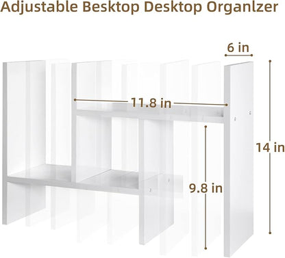 TY ARTS & CULTURE - Expandable Wood Desktop Storage Organizer Multipurpose Desk Bookshelf Display Shelf Rack Counter Top Bookcase for Office Home | White