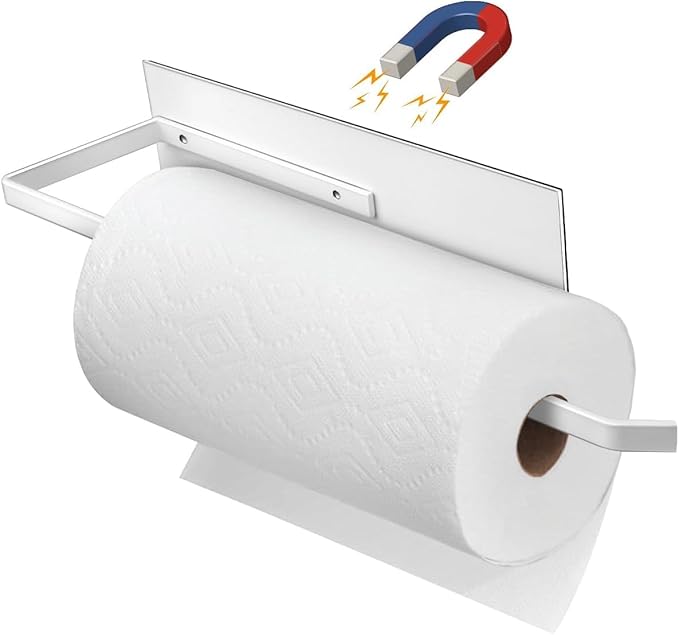 Magnetic Paper Towel Holder for Fridge, Toilet Paper Roll Holder Magnetic Paper Towel Rack Wall Mount Fridge Organizer for Papers Towels Roll Bathroom Toilet Garage RV Decor Kitchen Organization White