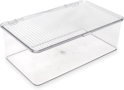 Isaac Jacobs Medium Stackable Organizer Bin (10.75”x6.5”x3.7”) w/ Hinged Lid, Clear Storage Box, Home, Office, School, Fridge, Bathroom, Kitchen, Pantry Container, BPA-Free, Food Safe (Medium, Clear)
