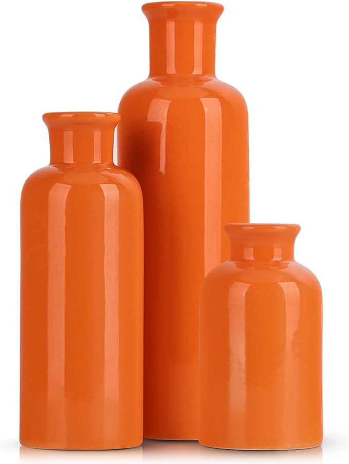 Ceramic Vase Set - 3 Orange Small Vases, Farmhouse Country Flower Vase Home Decor, Living Room Decoration, Table Decoration, Fireplace Decor, and Entrance Decorations Centerpieces