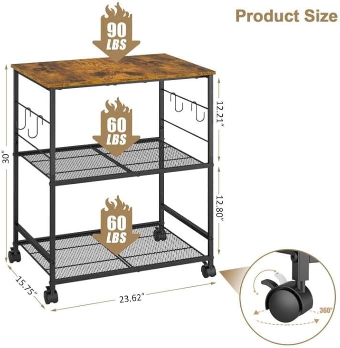 ThreeHio Rolling Kitchen Microwave Cart, 3 Tier Microwave Table Stand with Storage, Kitchen Utility Cart on Lockable Wheels, Small Coffee Cart Shelf Rack Organizer for Living Room Office, Balcony