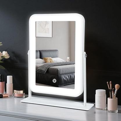 YEKKOPT Rechargeable Small Vanity Mirror with Lights,9"x11"Portable LED Desk Mirror, Make up Mirror with Lighting,Touch Screen with 3-Color Lighting, Dimmable, for Shaving, Tabletop, Bedroom