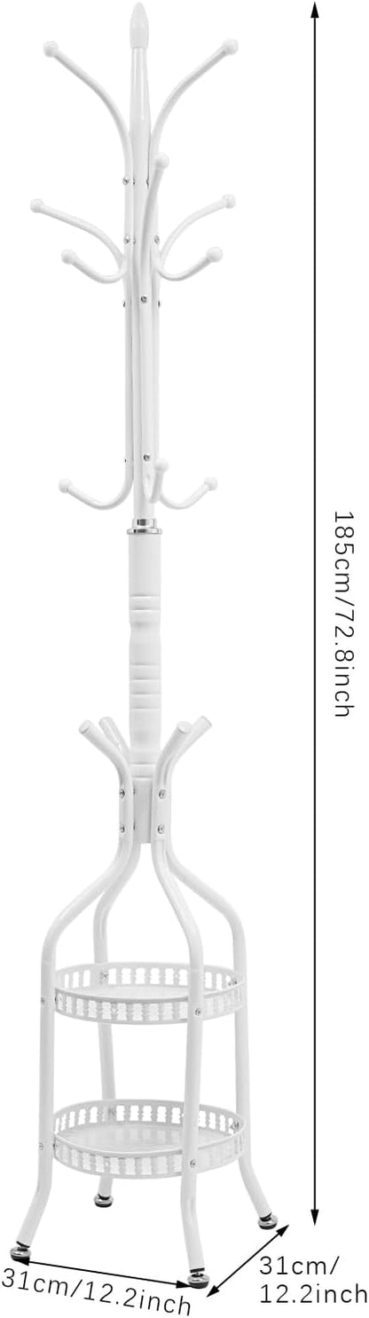 72.8in Coat Rack Freestanding 12 Hooks Coat Tree with Umbrella Holder Metal Modern Coat Hanger Stand for Entryway, Purse Rack Hat Rack Stand for Living Room Bedroom Office (White)