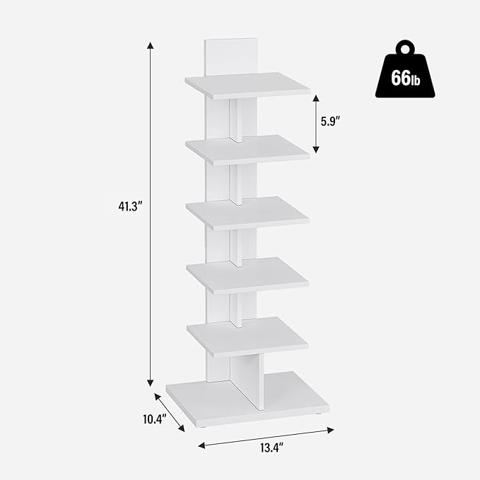 TUTOTAK Narrow Bookshelf, 6-Tier Bookcase, Spine Book Shelf for Small Space, Corner Standing Shelf for Living Room, Office, Study, Entryway, White BS06BW016