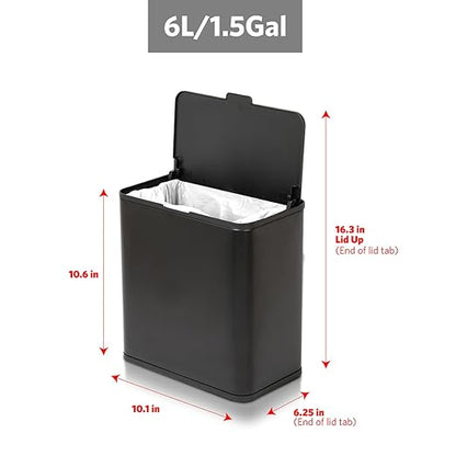 Glad Roomate Under Counter Trash Can - Space Saving Stainless Steel Waste Bin with Dual Lid and Clorox Protection - Small Black Trash Can for Kitchen Cabinet, Under Sink, or Bathroom, 1.5 Gallon (6L)