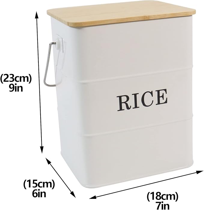 Rice Container Metal Rice Storage Bin, Rice Storage Box with Airtight Bamboo Lid & Scoop, Food Storage Container for Rice Flour Soybean Grain Cereal (White)