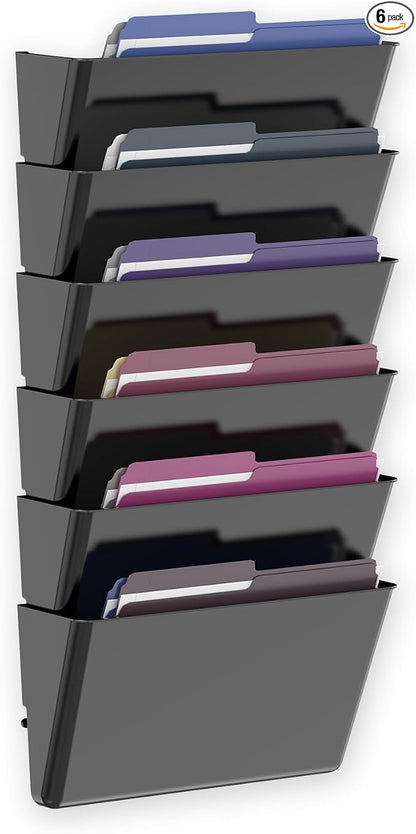 6 Pockets Acrylic Wall File Organizer, Clear Wall File Holder, Plastic Hanging Wall File Holder for Office, School and Home, Black