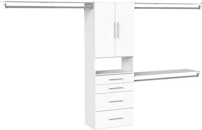 ClosetMaid SuiteSymphony Modern Hanging Closet Kit Includes (1) Tower, (3) Closet Rods, (4) Shelves, (3) Top Shelves w/Brackets, (4) Drawers and (1) Closet Door Set, White