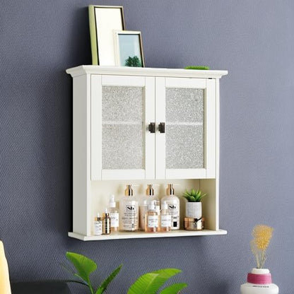 Wall Mount Bathroom Storage Cabinet, Medicine Cabinet with Tempered Glass Door and Buffering Hinge Over Toilet Storage Cabinet Wall Mounted Organizer Above Toilet Storage (Cream White)