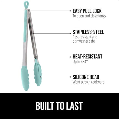 GORILLA GRIP Stainless Steel Heat Resistant Kitchen Tongs for Cooking, 9 + 12 Inch, Set of 2 BBQ Tong, Non Scratch Silicone Tip for Pan, Strong Grip, Grab Food, Toss Salad, Air Fryer, Pull Lock, Mint