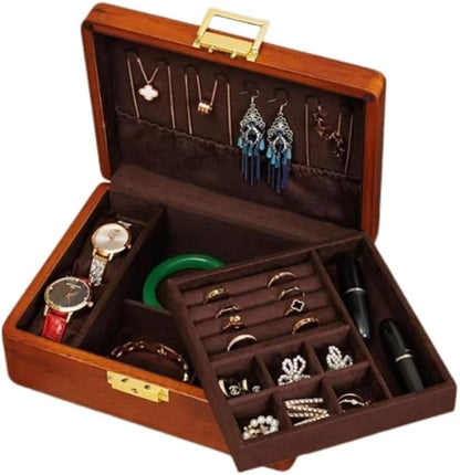 Bescott 2 Layer Solid Wooden Jewelry Box with Lock and Key for Women Men Vintage Velvet Wood Jewelry Organizer Storage for Earrings Rings Necklaces Bracelet Watch Mother’s Day Gift