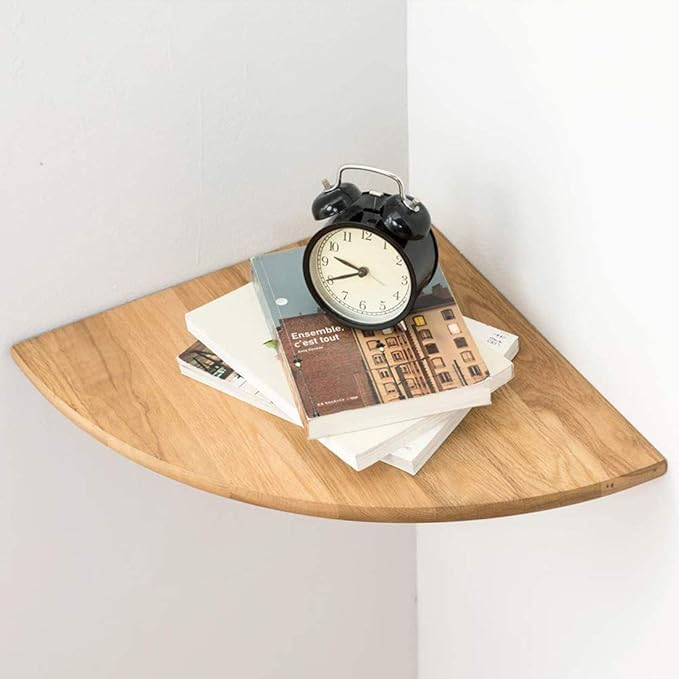 Conamily Corner Shelf,16inch Natural Oak Solid Wood Floating Corner Shelves Wall Mount Round End Floating Speaker Rack with Wire Hole for Small Plant for Bedroom Kitchen, Living Room