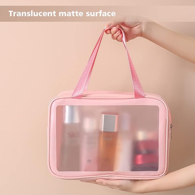 Travel Toiletry Bag for Women, Matte Translucent Toiletry Bag with Handy Handle, Makeup Cosmetic Organizer Bag for Travel Toiletries Accessories (Pink)