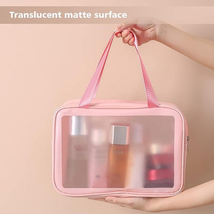 Travel Toiletry Bag for Women, Matte Translucent Toiletry Bag with Handy Handle, Makeup Cosmetic Organizer Bag for Travel Toiletries Accessories (Pink)