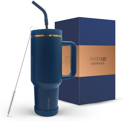 40oz Travel Tumbler Cup with Handle, Two-Way Slider Lid, Stainless Steel Straw with Silicone Tip, Vacuum Insulated Water Bottle for Hot & Cold Drinks, Great Gifts for Mom (Blue Gold)