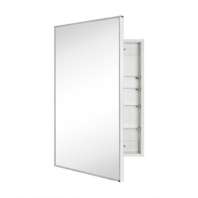 TEHOME 20'' x 30'' Chrome Recessed and Surface Mount Bathroom Medicine Cabinet with Mirror Square Cornered Metal Framed Rounded Rectangle Medicine Cabinet Mirror